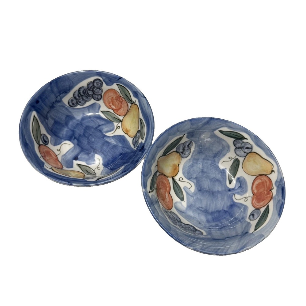 Tabletops Unlimited Misto Hand Painted Fruit Bowls Set of 2 Blue 7" Ceramic